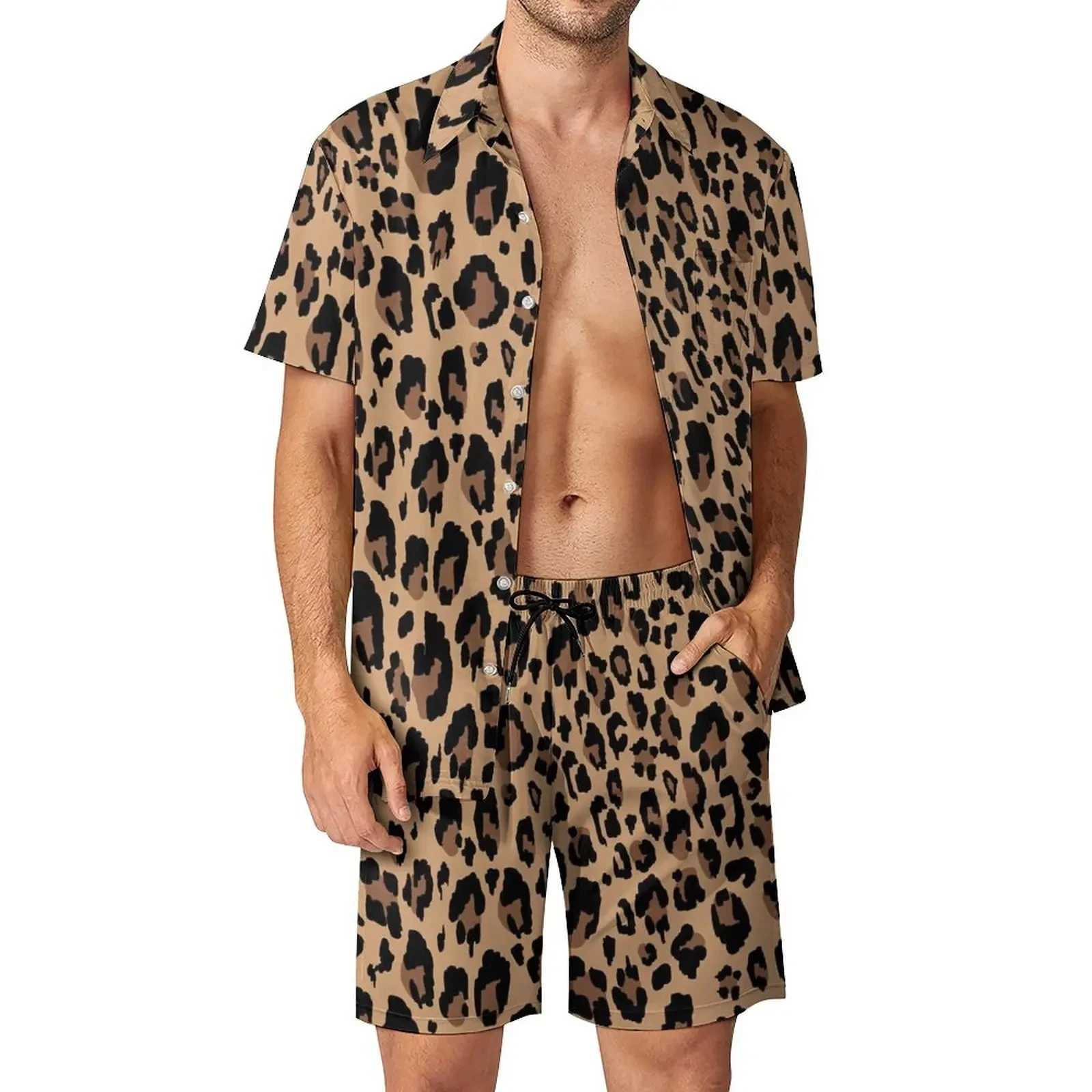 Leopard Animal Pattern Shirt 2Pcs Sets 3D Men Casual Fashion Sleeves Shirts Oversized Beach Shorts Hawaiian Streetwear SuitsXJ250218
