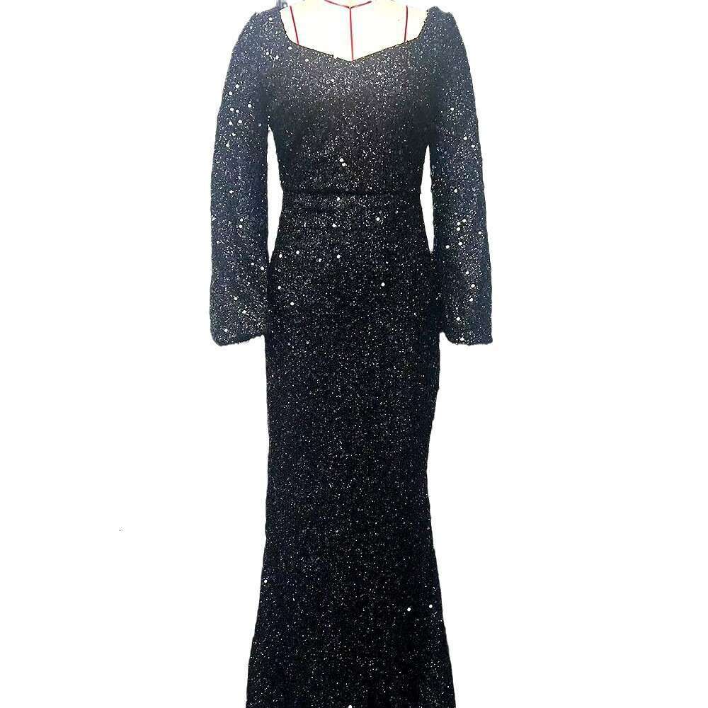 Fashionable V-neck Bag Hip Glitter European and American Mid waist Horn Sleeve Long Evening Dress 2025 Versatile New Trendy Clothing Ins