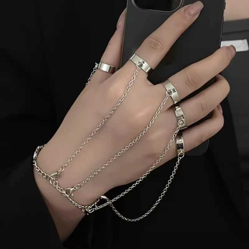 Punk Geometric Silver Color Chain Wrist Bracelet Rings for Men Ring Charm Set Couple Fashion Jewelry Gift Pulera Mejer Free ShipXJ250219
