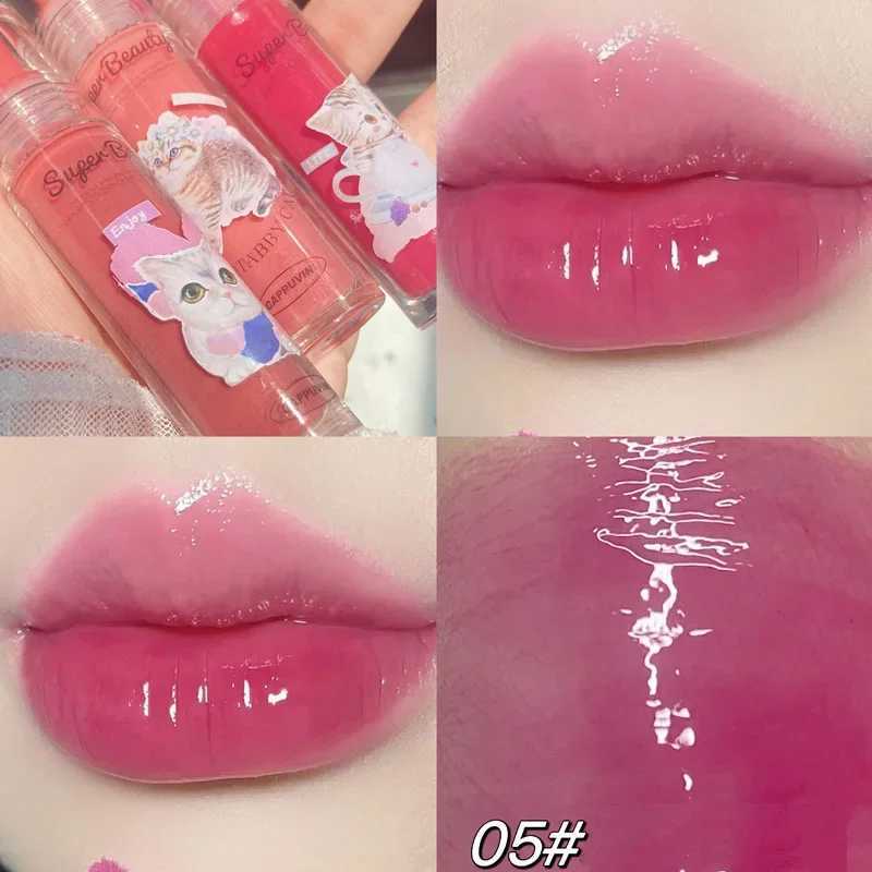 Lovely Cat Lip Glaze Jelly Mirror Liquid Lipstick Non-stick Cup Red Pink Lip Gloss Transparent Tinted Girls Cute Makeup CosmeticW250219