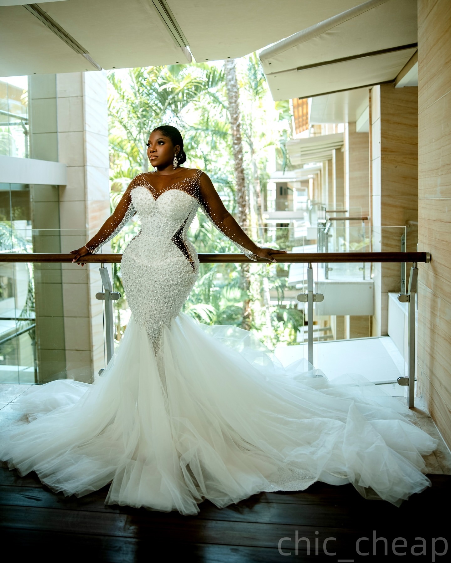 2025 Arabic Aso Ebi Plus Size Ivory Wedding Dress Pearls Beaded Full Sleeves Sheer Neck Tulle Bridal Gowns Dresses ZJ566