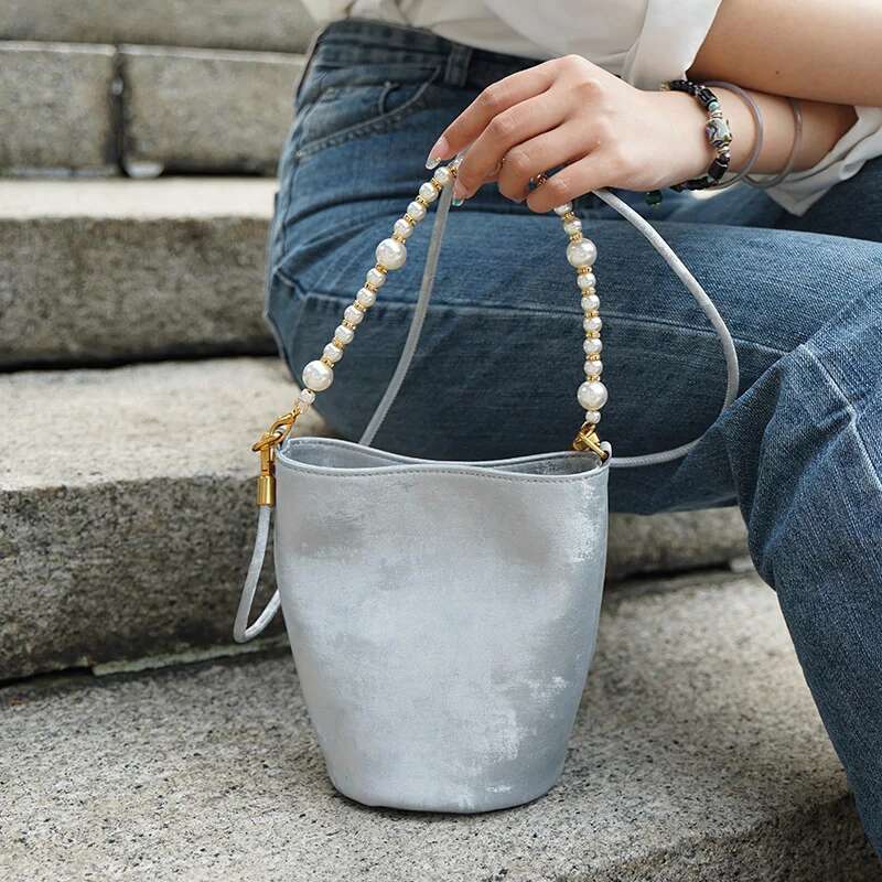 High Quality Genuine Leather Ladies Bucket Handbags Designer Satin Shoulder Bag Crossbody Bags For Women
