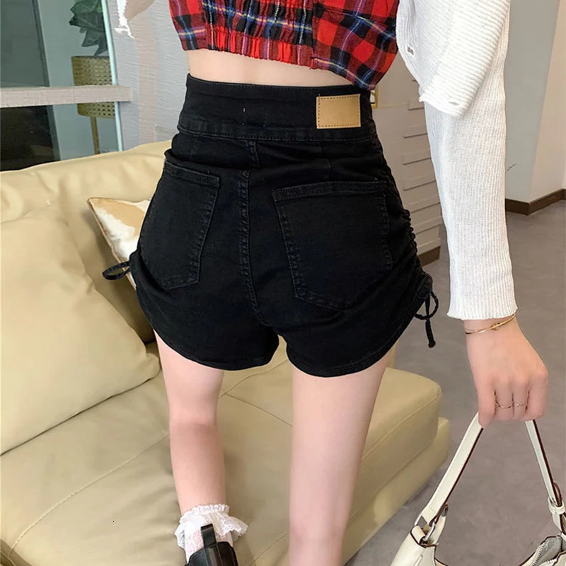 Womens Chic Drawstring Pleated Denim Shorts High Waist Aline Jean Shorts With Pocket Casual Slim Bodycon Shorts Trousers Summer 250214
