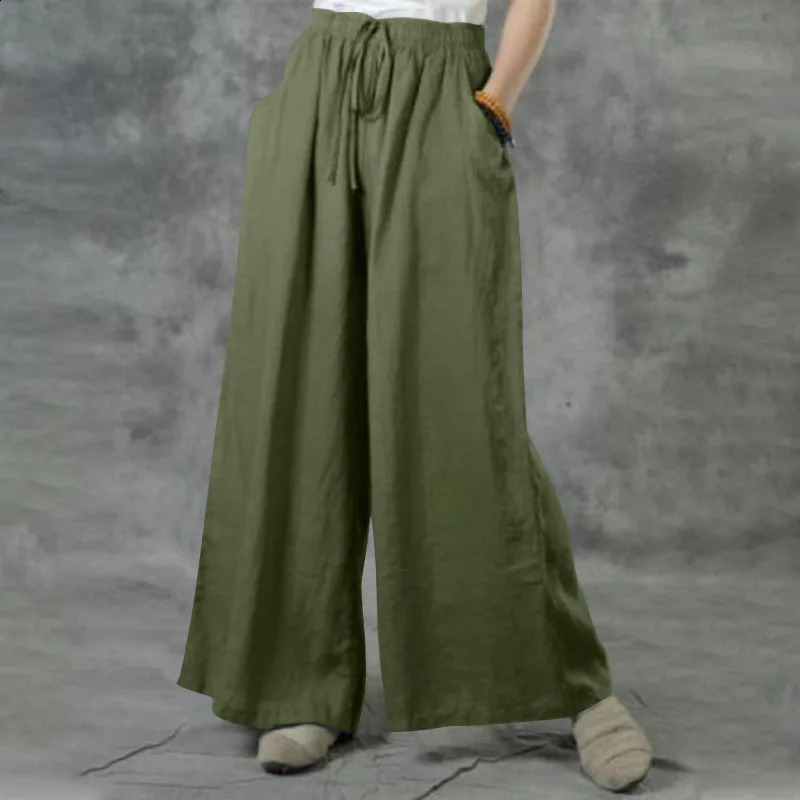 Summer Loose Size Casual Wide-Leg Pants Solid Color Cotton Linen Elastic Waist Pants Ladies Street Drawstring Trousers 250218