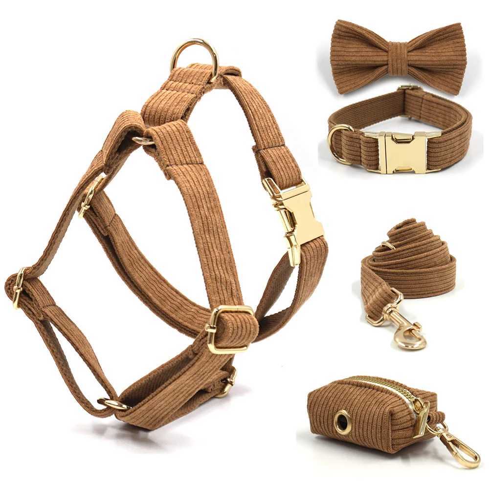 Brown Corduroy Dog Harness and Leash Set Luxury Designer Personalized Collar for Small Large Dogs Walking Lead Set with Poop BagXJ250218