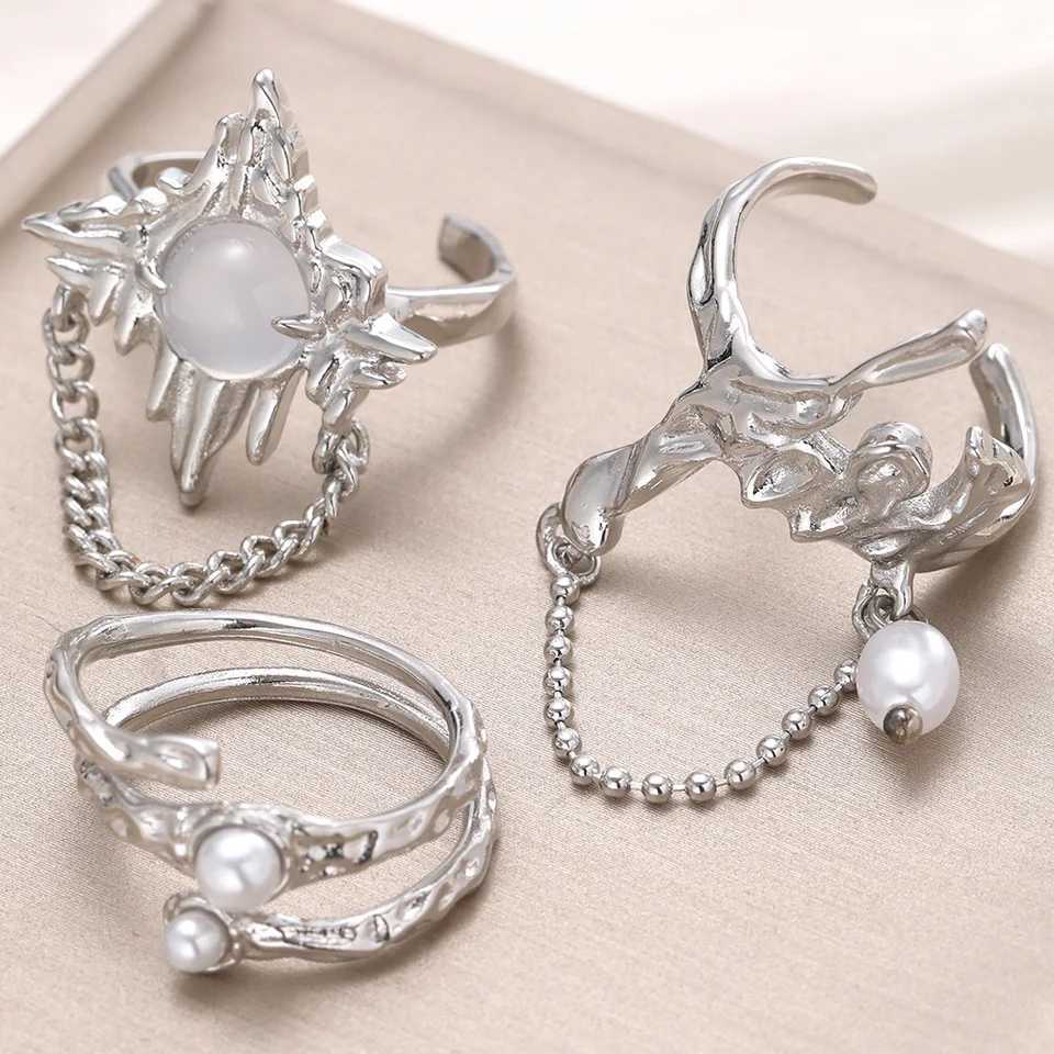 Vintage Irregular Pearl Open Ring for Women Men Punk Gothic Sliver Color Crystal Adjustable Couple Rings Y2K Egirl Jewelry GiftsXJ250219