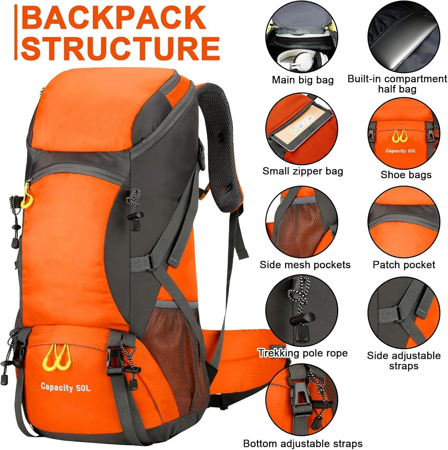 Hiking Backpack Waterproof 50L Lightweight Travel with Rain Cover for Camping Trekking Walking Outdoor Sports 250118