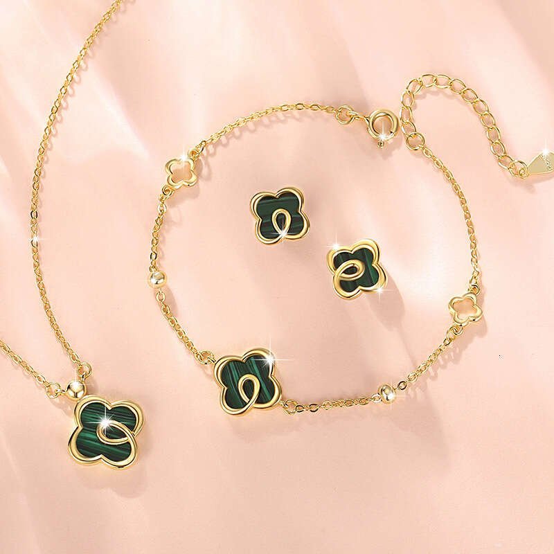 Lucky Four leaf Grass Sterg Sier Women's Fashion Versatile wer Bracelet Qixi ins Style Malachite Handwear