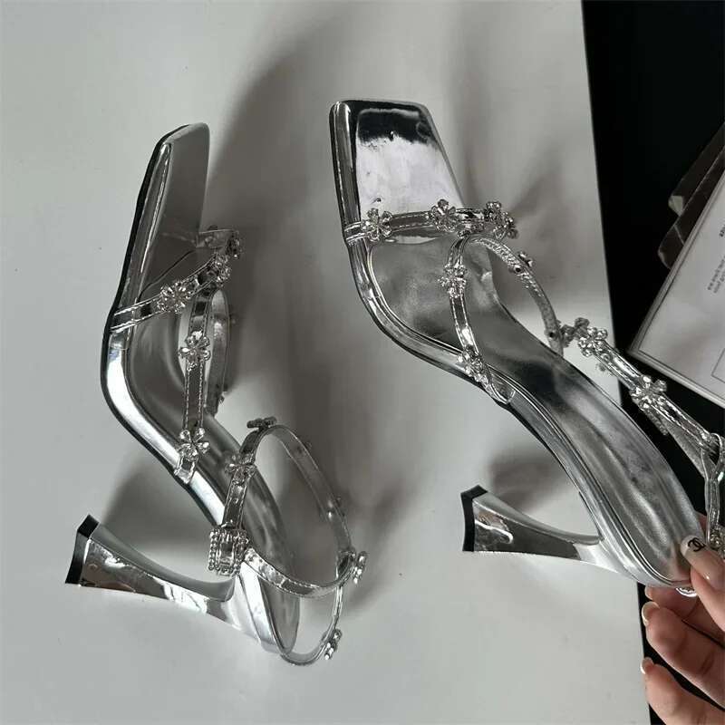 Summer Narrow Band Crystal Buckle Strap Sandals Womens High Heels Shoes Sexy Square Toe Party Dress atos Mujer