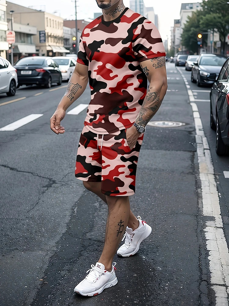 Summer Street Fashion Mens T-shirt And Shorts Set 3D Camouflage Print Mens Short-sleeved Top Outdoor Sports Mens Shorts 250218