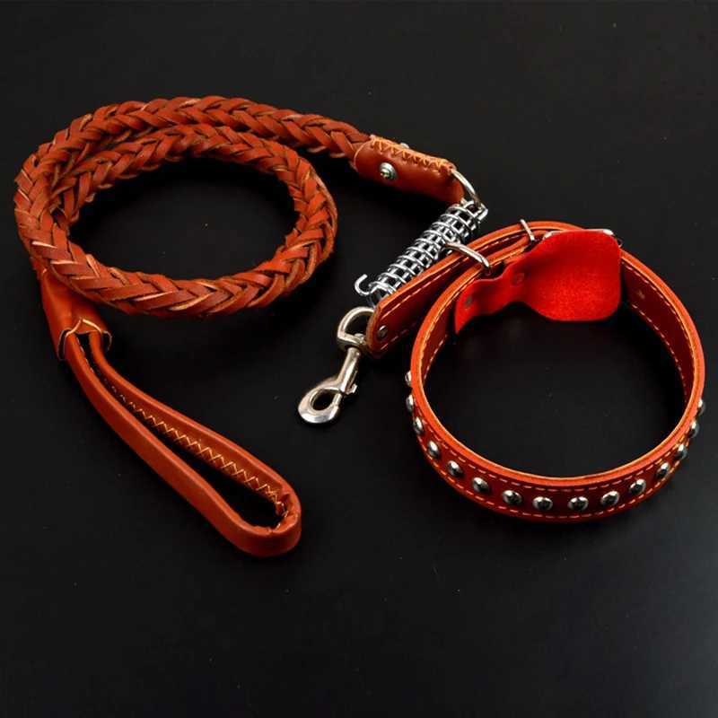 Pet Leather Dog Collar Leash For Large Dog Leather Dog Traction Drag Tow Rope Chain Pet Dog Supplies Accessories Prevent RunawayXJ250218