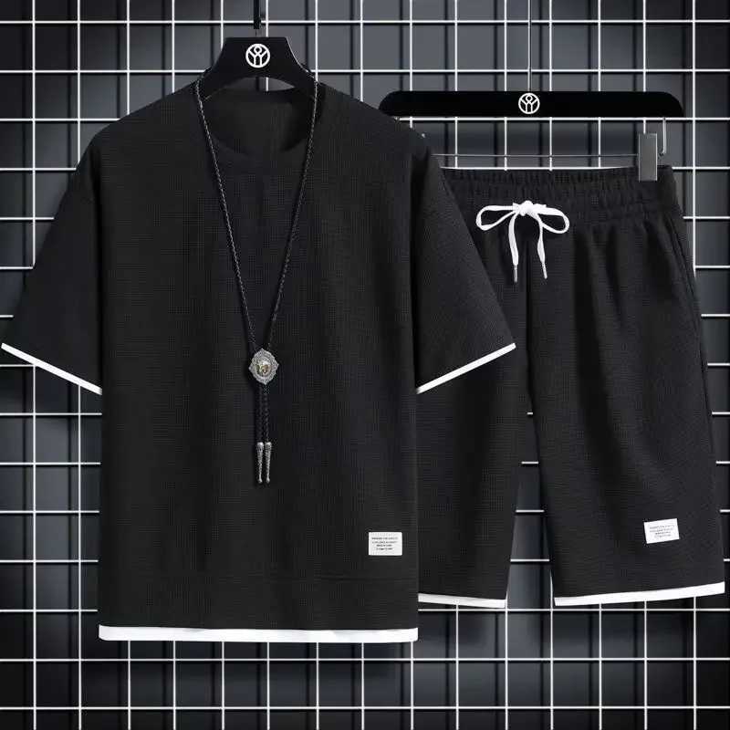 Casual Sportswear Loose-Fit Mens Summer Outfits Korean Trendy Short Sleeve T-shirts 2-Piece SetsXJ250218