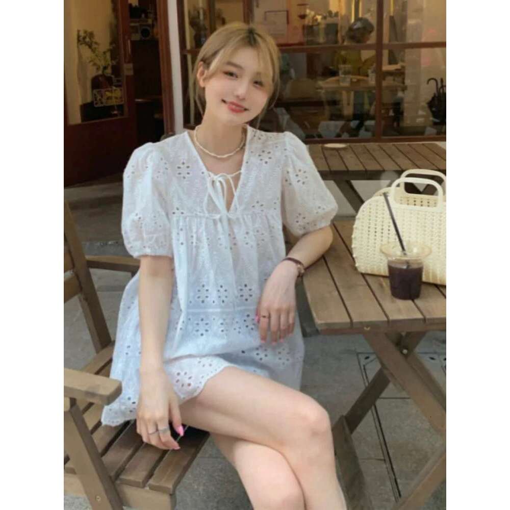 2024 Fashion Summer Sweet Puff Women Blouses New Elegant Shirts White Hollow Out Short Sleeve Tops
