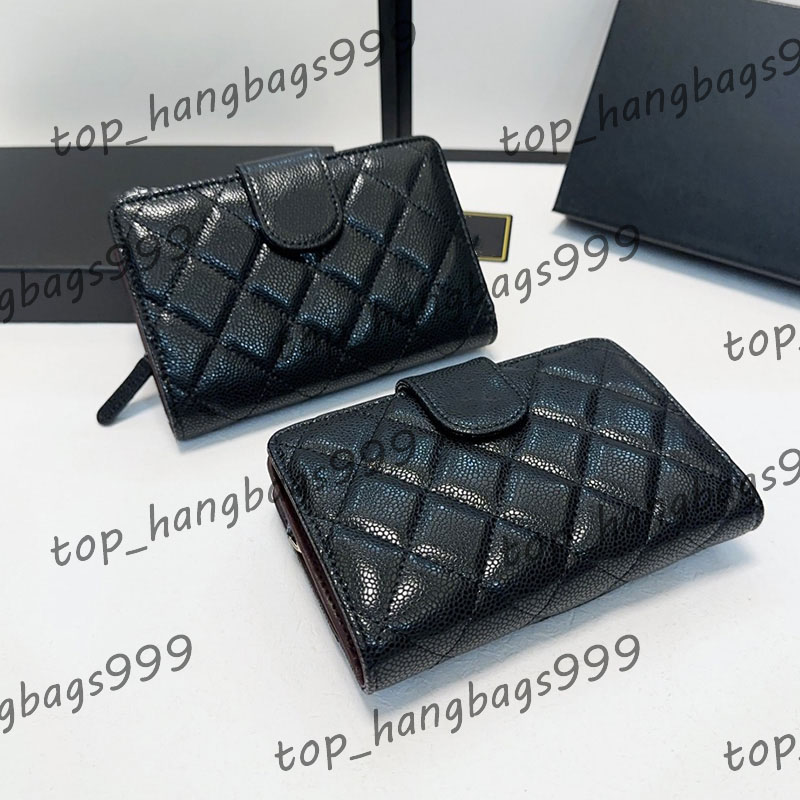 Luxury Black Cowhide Two Fold Billfold Short Wallet Classic Flap Quilted Multiple Card Holder Zipper Organizer Wallets Coin Pouch Snap Gold Metal Purse 15x10cm