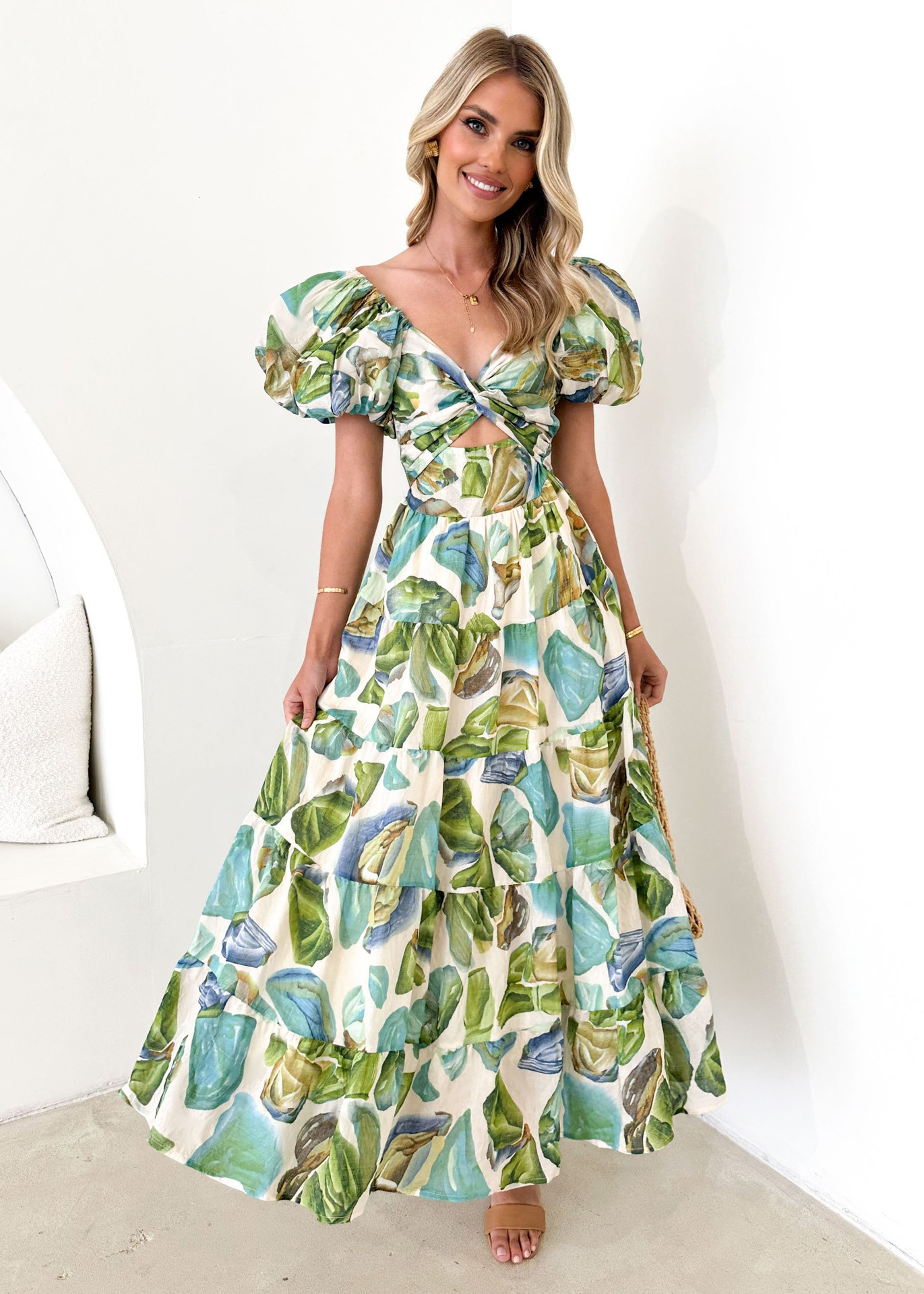 europe and america 2024 spring/summer new style slim fit printed bubble sleeves large hem high end dress for women