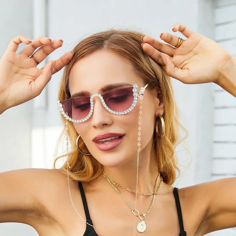 Frameless Diamond Studded Sunglasses Womens Fashion with Chain Eyewear Europe American Trend Street Shooting Glasses 250218