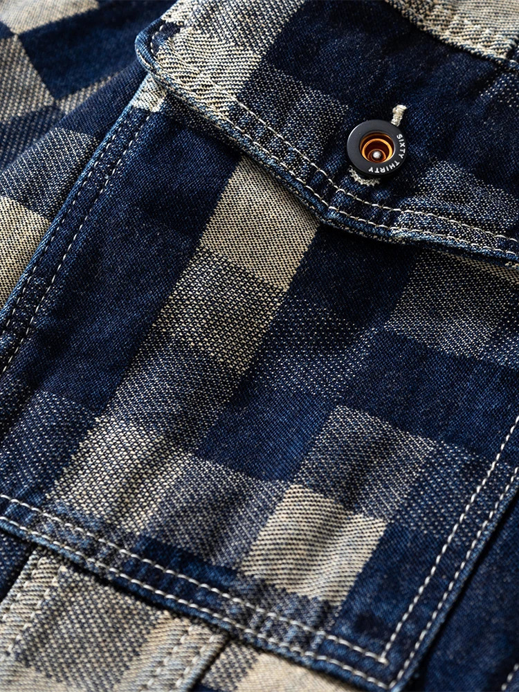 Vintage Loose Denim Jacket with Grid Pattern HighEnd American Casual Jean Coat for Men 250214