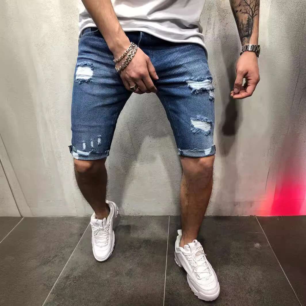 Summer New Jeans Tight Denim Shorts Suitable For Men's Designer Shorts Wearing Worn-out Torn Cat Whiskers Hip-hop Streetwear Shorts Men's Pa