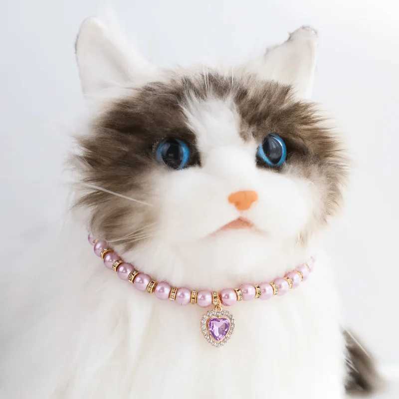 Cat Collar Pet Pearl Necklace Pet Collar Cat and Dog Jewelry Love Diamond Pet Products for Dog Birthday Gift Photo Accessories W250219
