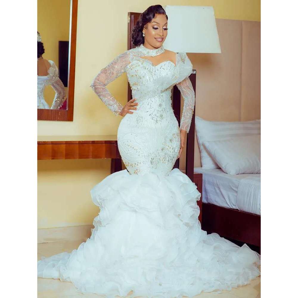 Shinny High Neck Appliques Beads Wedding Gown for Bride 2023 Vestido De Novia Long Sleeves Multi-Layered Ruffles Bridal Dresses