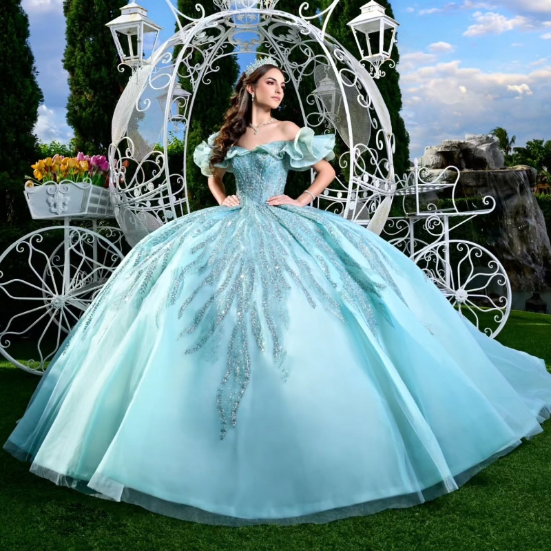 Water Blue Shiny Quinceanera Dresses Ball Gown Off The Shoulder Sequin Applique Lace Beads Tull Party Birthday Sweet 16 Dress Vestidos 15 De Anos