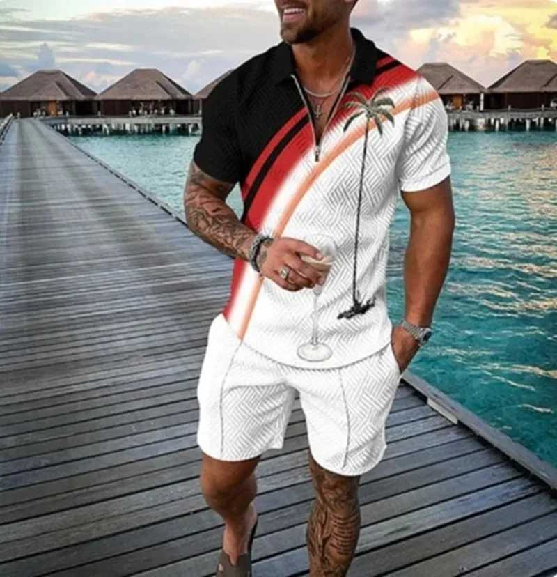 Summer New Mens 3D Printing Short Sleeve Zipper Polo Shirt Shorts Set Men Casual 2-piece Vacation Beach SetXJ250218