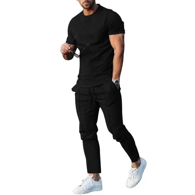 Sports Set Mens Fall 2023 Summer Solid Casual Round Neck Short Sleeve Sports T-shirt Two Piece Set for MenXJ250218
