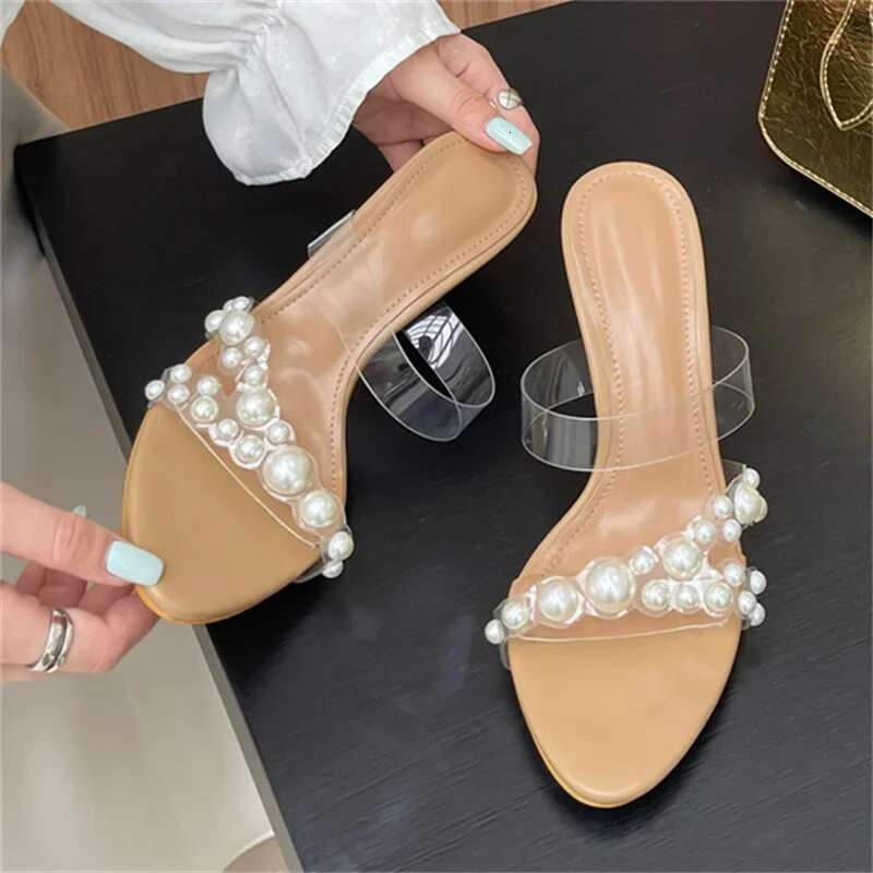 Summer String Bead PVC Transparent Slippers Women High Heels Sandals Fashion Open Toe Party Female Shoes Large Size 43