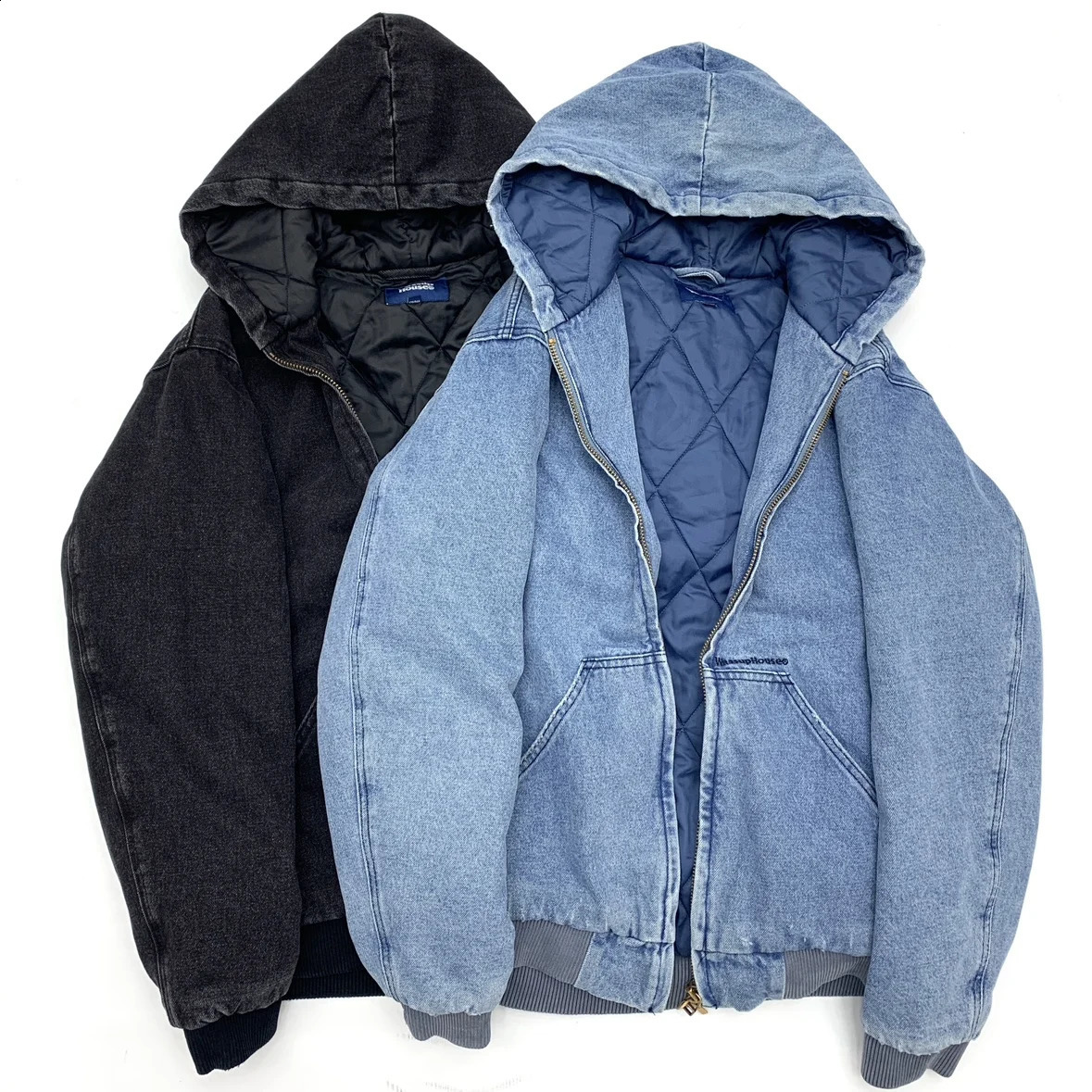 Mens thick cotton padded denim jacket washed zipper hooded loose cotton denim jacket for autumn and winter 250214