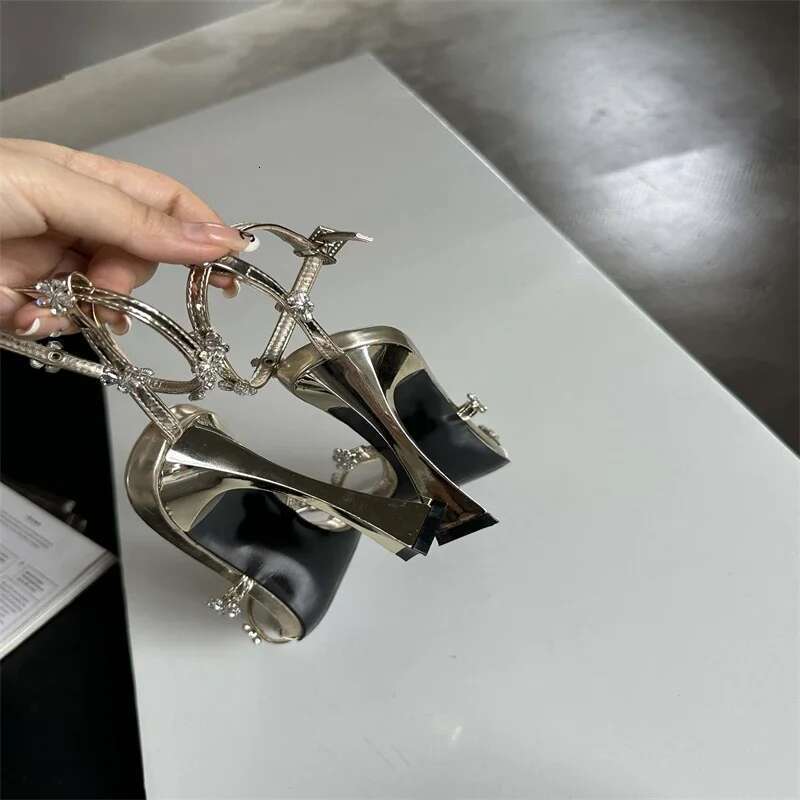 Summer Narrow Band Crystal Buckle Strap Sandals Womens High Heels Shoes Sexy Square Toe Party Dress atos Mujer