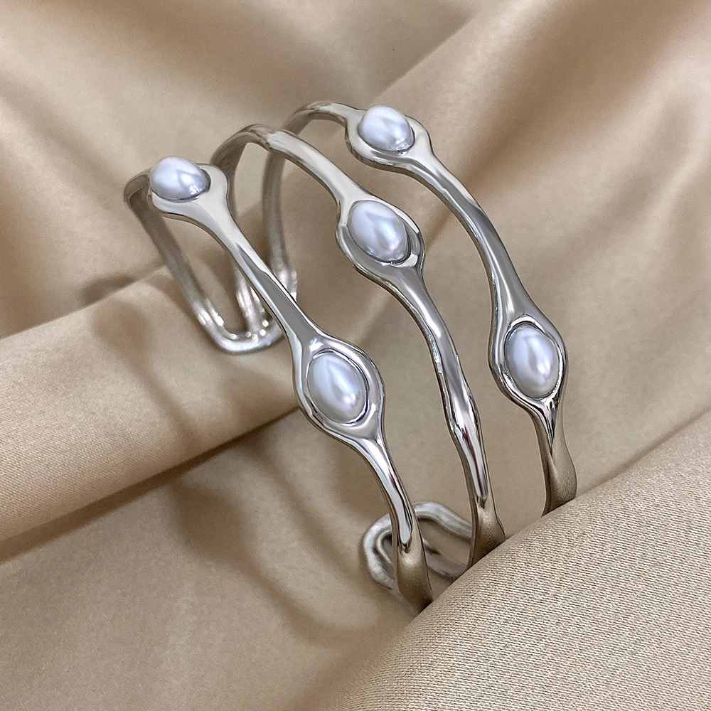 Vintage Layered Gold Plated Pearl Stainless Steel Bangles Bracelet for Women Men Bohemia Wide Open Cuff Wrist Party Jewelry Gift 250213