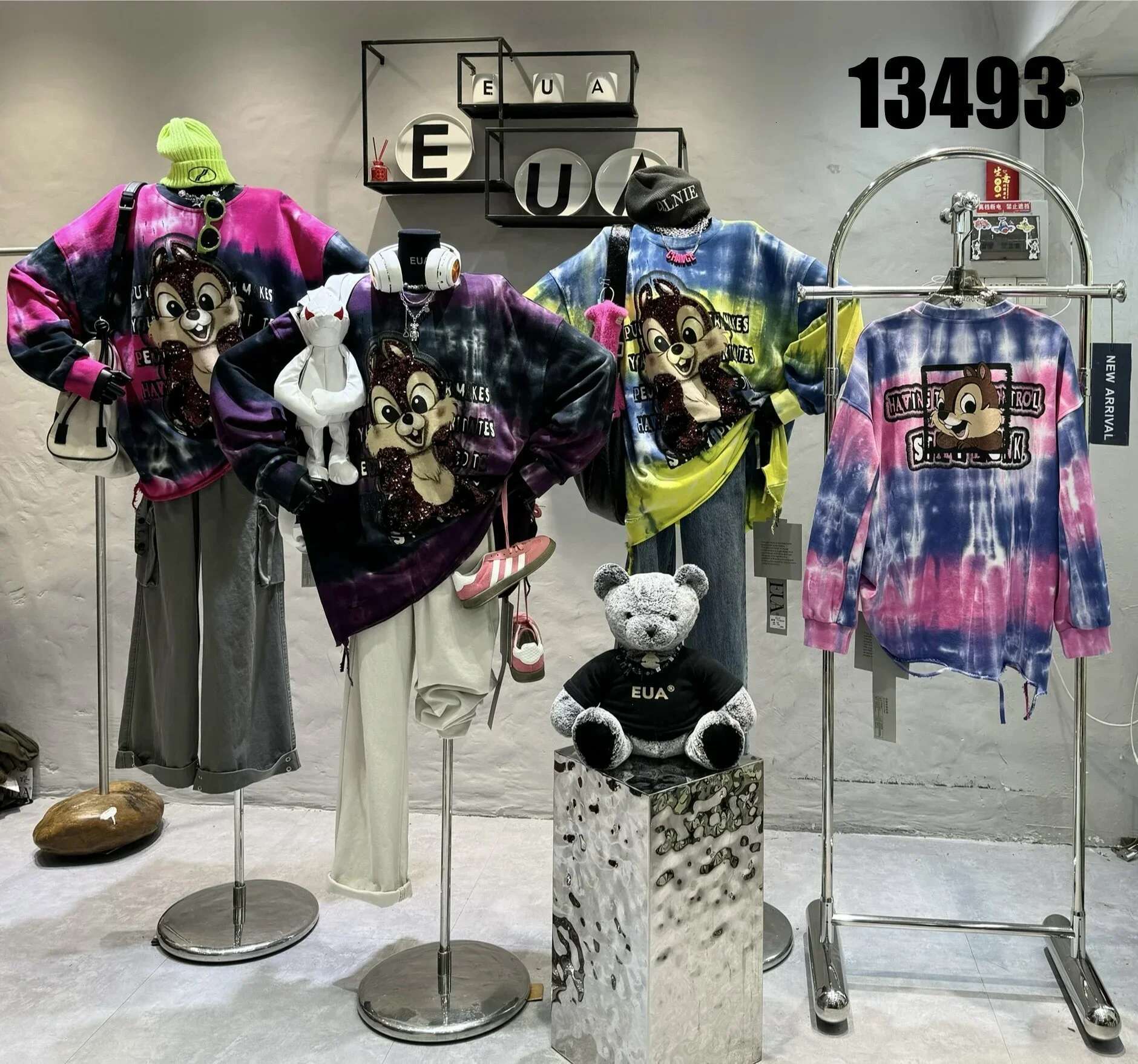 Heavy Industry Sequined Tie-dye Cartoon Squirrel Sweatshirts 2024 Autumn New Loose Fashion Mid Length Top Streetwear Women