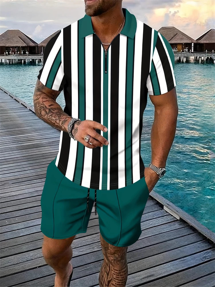 Fashion Mens Short Sleeve Shorts Two Piece Striped Printed Lapel Zipper Polo Shirt Set Summer Hawaii Sports TShirt 250219