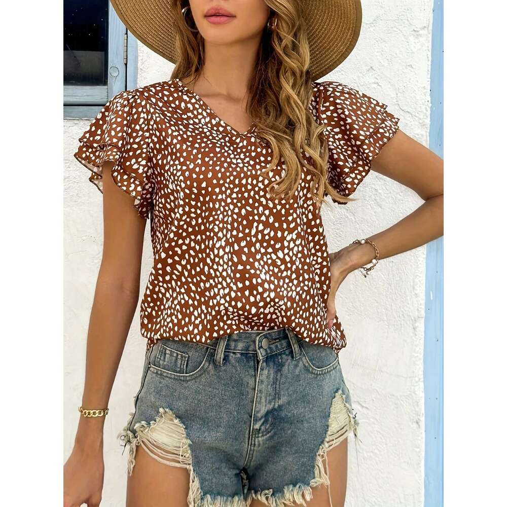 New European And American Fashion Commuting Lotus Sleeve Short-Sleeve Casual V-Neck Women's Loose Short Shirt