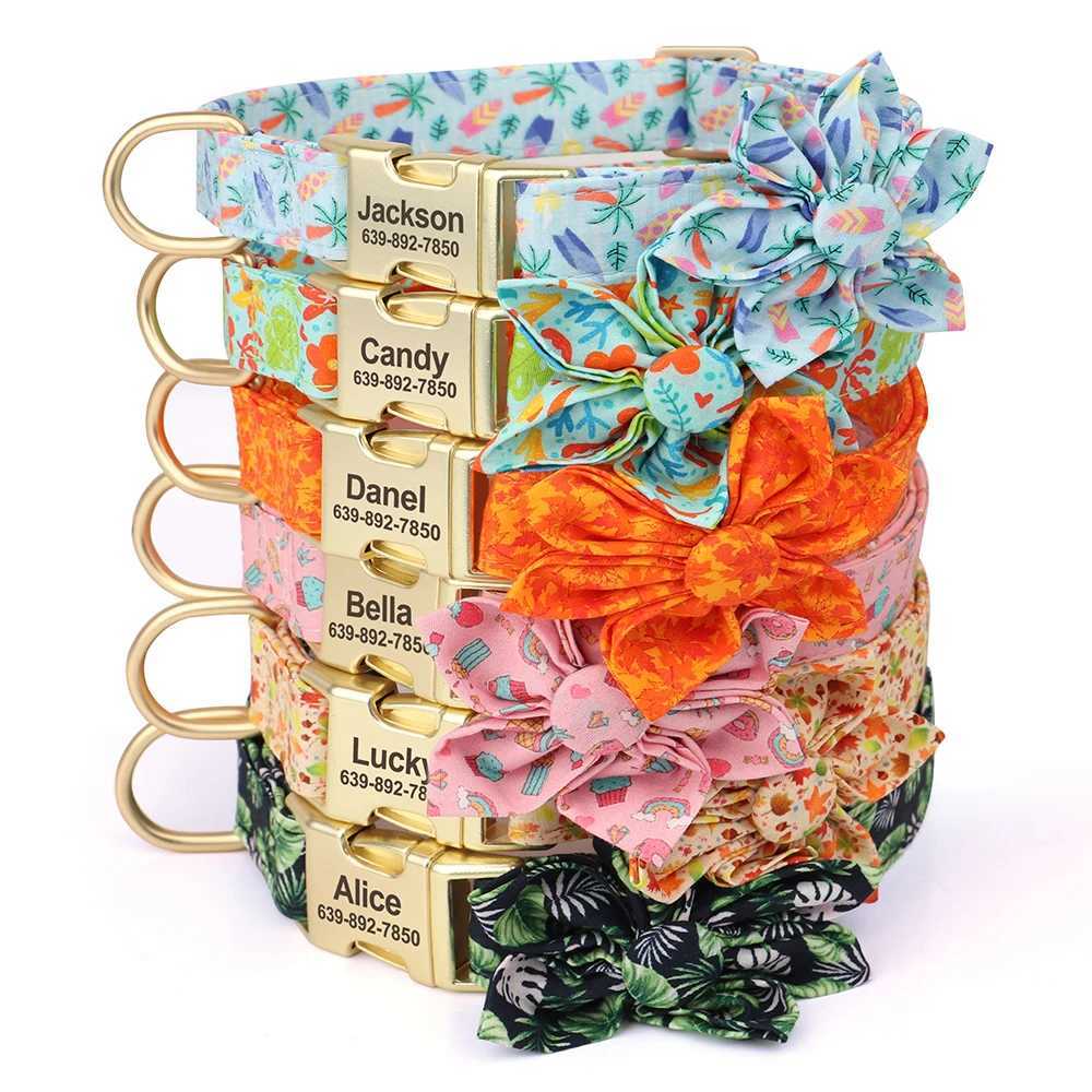 Personalized Dog Collar Nylon Printed Dog Collars Puppy Collars With Flower Accessories Custom Necklace For Small Large Dogs Pug W250219