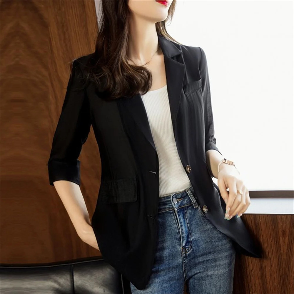 Spring Summer Thin Casual Style Suit Solid Color Loose Women Fashion Blazer 34 Sleeve Chiffon Oversize Coat 250213