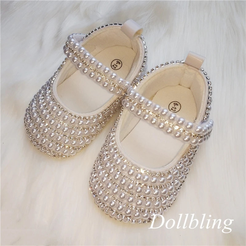 Dollbling Princess Girl Off-white Pearls Ordinal Rhinestone Comfortable Soft Cotton Inner Hook and Loop Toddler Crib Shoes 250219