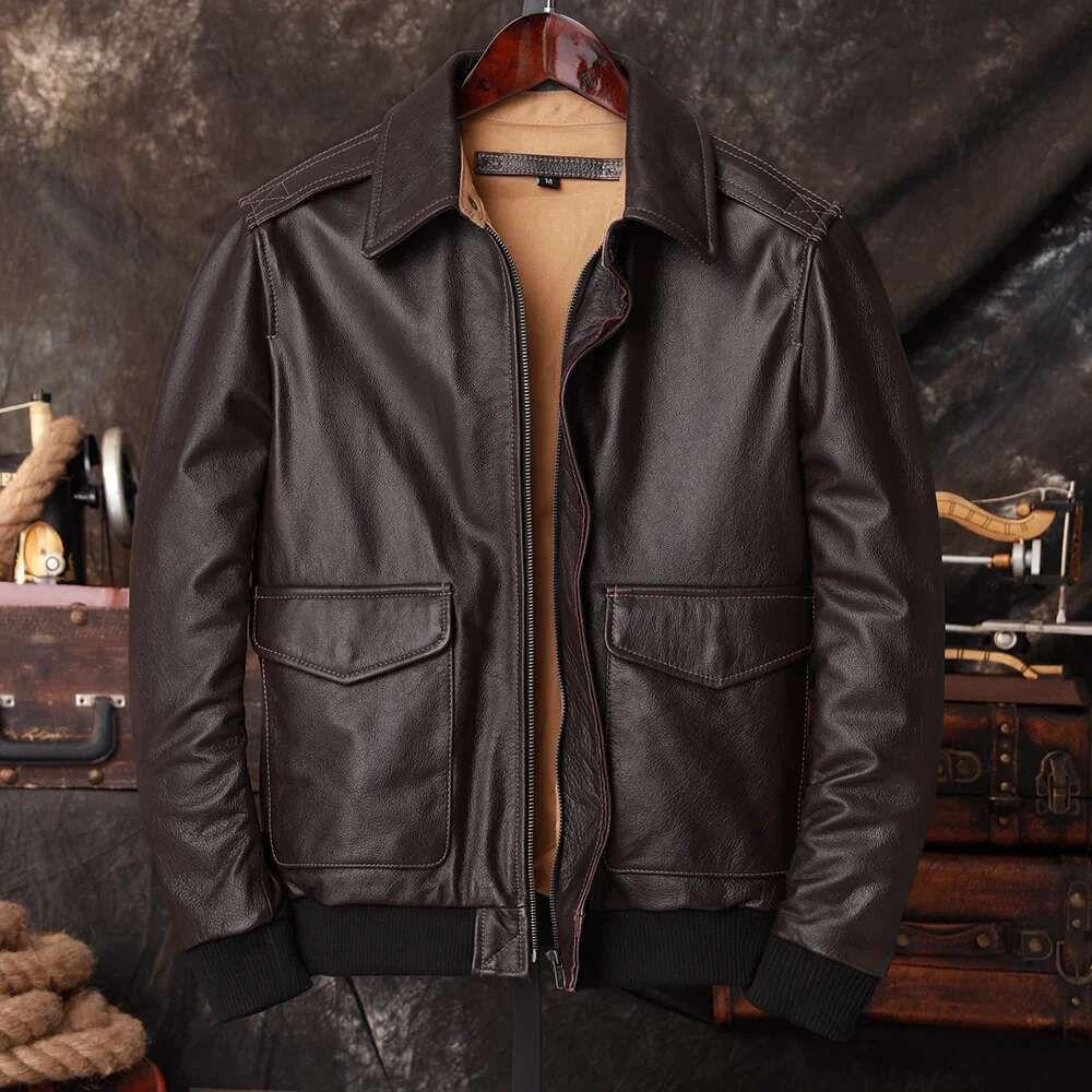 Bomber A2 Pilot Genuine Jacket Men Warm 100% Cow Leather Air Force Coat Dark Brown Men's Cowhide Motorcycle Jackets