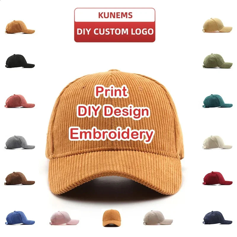 KUNEMS Custom Embroidery Baseball Caps Corduroy Solid Color Cap for Women and Men DIY Print Hats Unisex Wholesale 250214