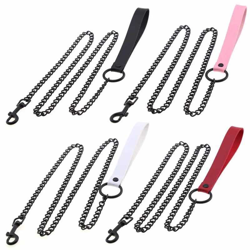 Leather Handle Chain Dog Durable Metal Chew Proof Dog Training Leash 115cm Heavy Duty Anti-bite Dog Giant Chain Leash withXJ250218