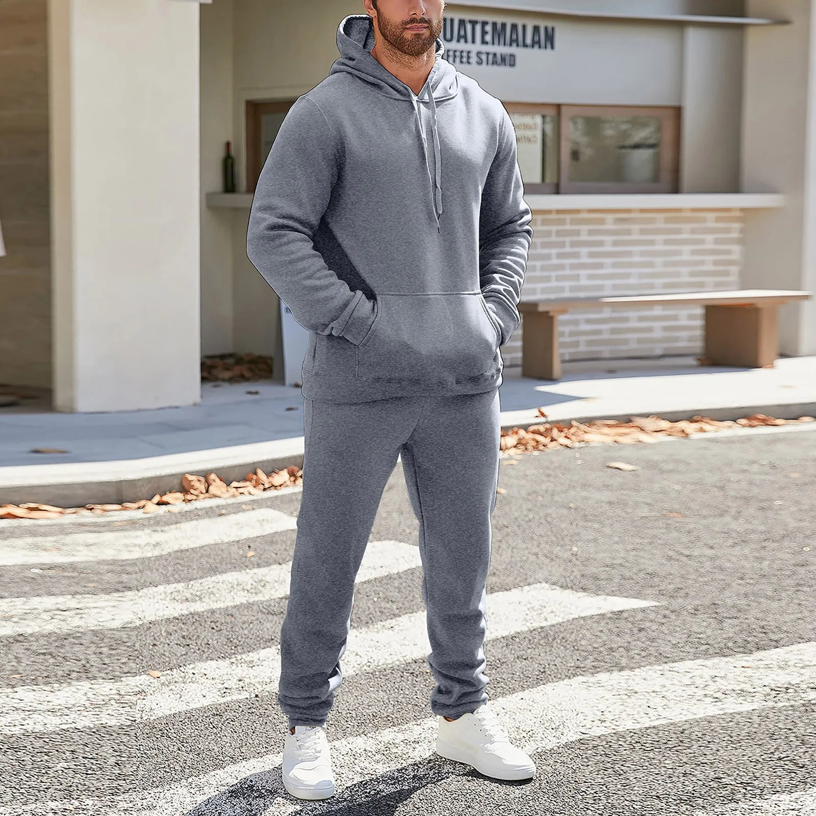 Autumn And Winter Men Tracksuit Hooded Sweatshirt Suit Solid Color Sports HoodiesSweatpants Set Running Fitness Men Clothing 250218