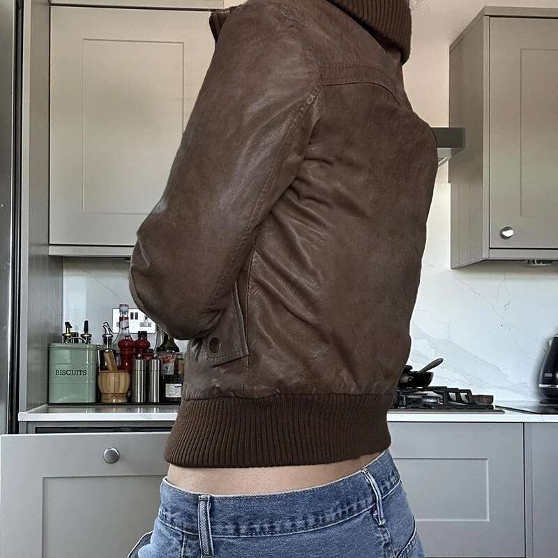 HEYounGIRL Faux Leather Women Brown Jacket Vintage Fashion Autumn Streetwear Zipper Coat Casual Y2K Motorcycle Style Outwear