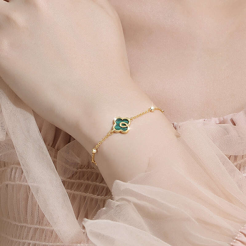 Lucky Four leaf Grass Sterg Sier Women's Fashion Versatile wer Bracelet Qixi ins Style Malachite Handwear