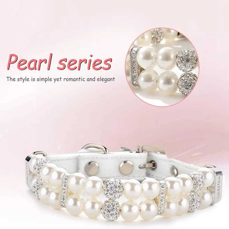 2Pcs Pearl Dog Collar Leash Set PU Leather Pearl Collar Leash with Crystal Rhinestone Luxury Dog Collars Neck Strap for Dog CatXJ250218