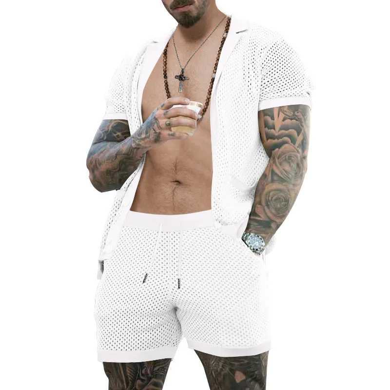 Mens Fashion Set Summer Small Hole Fabric Collar Casual Solid Color Mens High Quality Two Piece Set US SizeXJ250326