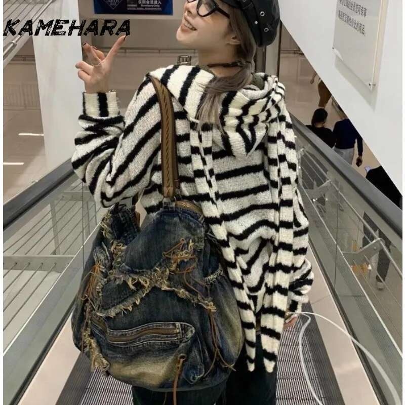 KAMEHARA Japanese Y2k Hooded Cardigan 2000s Aesthetics Rabbit Ears Zipper Knitwear Vintage Haruku Red Stripe Sweater Grunge