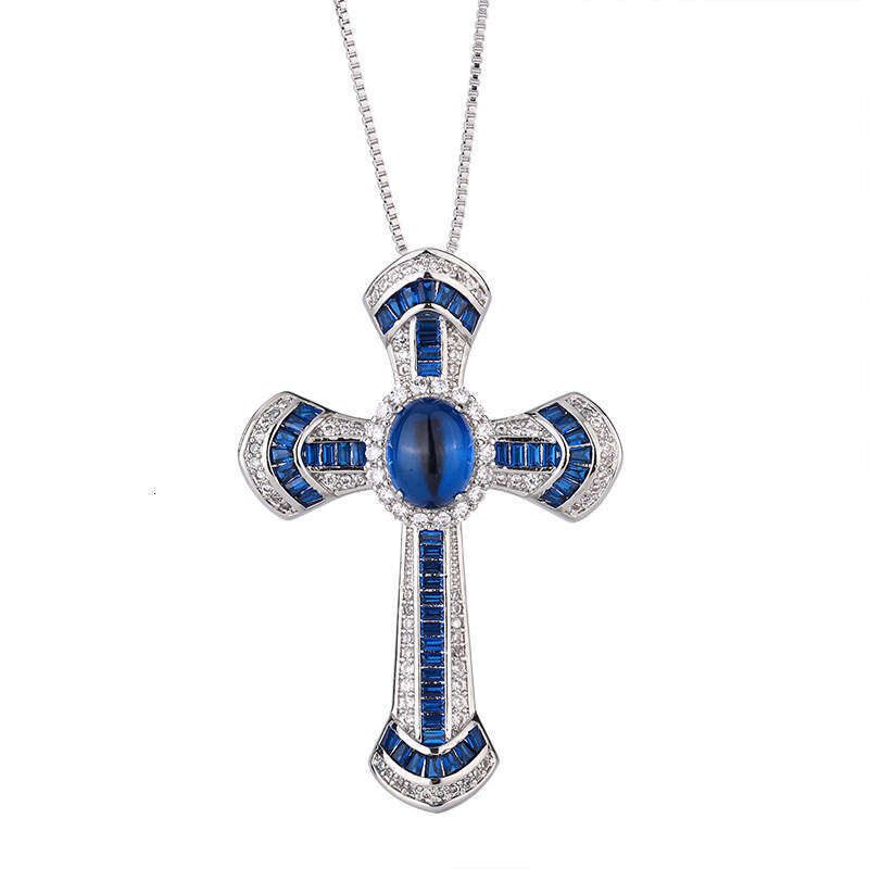 Tiktok Live Broadcast Color Zircon Royal Blue Cross Pendant Micro Set Flash Dia Geometry Necklace