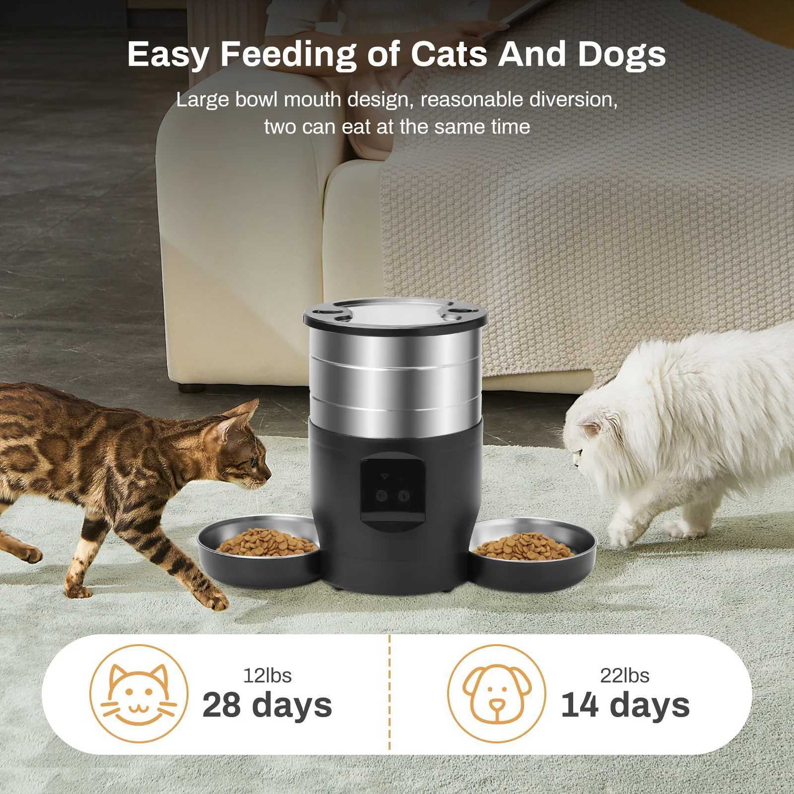 Dog Feeders 4.5L button WiFi automatic cat feeder includes two stainless steel bowls intelligent pet cat and dog food dispenser and pet feeder H250218