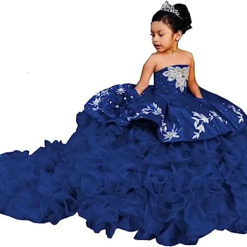 EVLAST Customized Royal Blue Cute Wer Girl For Weddings Applique Beaded Ruffles Pageant Gown First Communion Dress Fd01