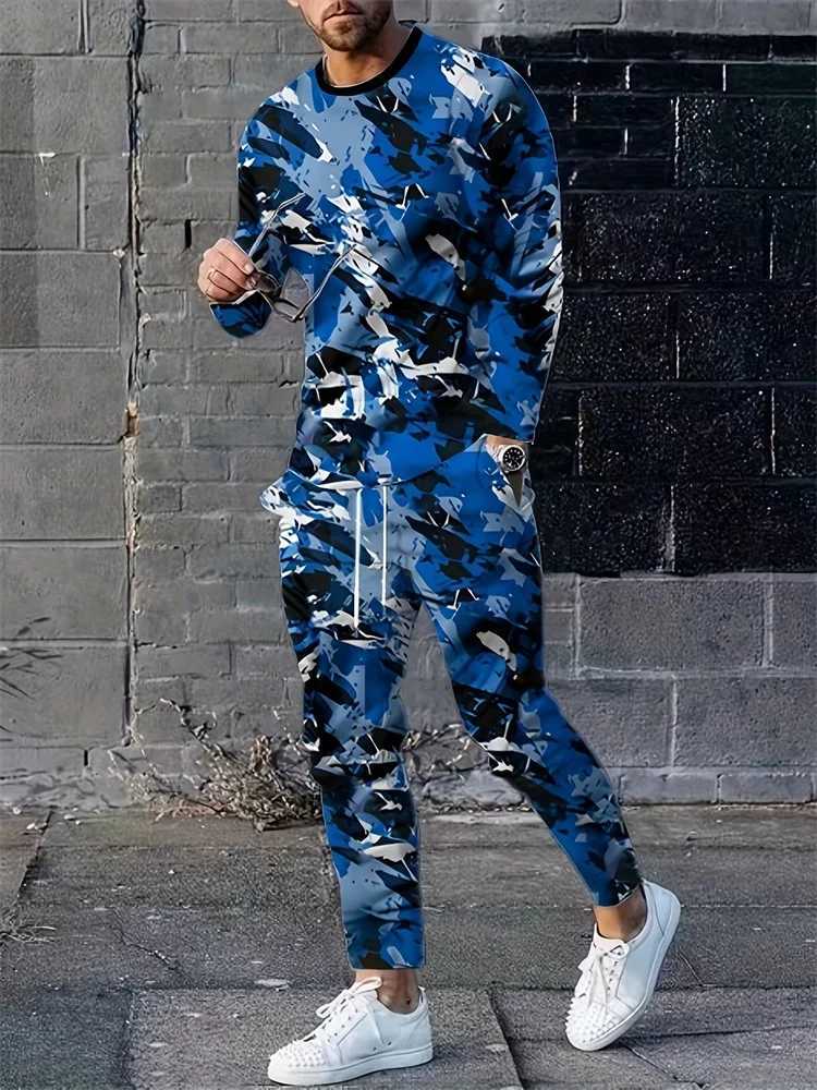 Harajuku Street Trend Mens Crewneck Long Sleeve T-shirt Pants 2 Sets Casual And Comfortable Crewneck Long Sleeve Top And SlacksXJ250218